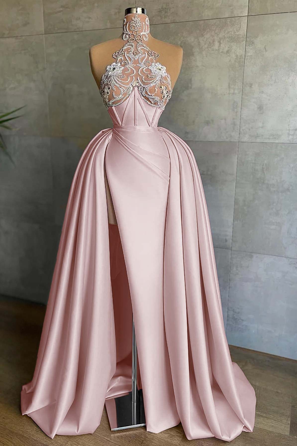 Halter Sleeveless Mermaid Split Long Prom Dress With Appliques