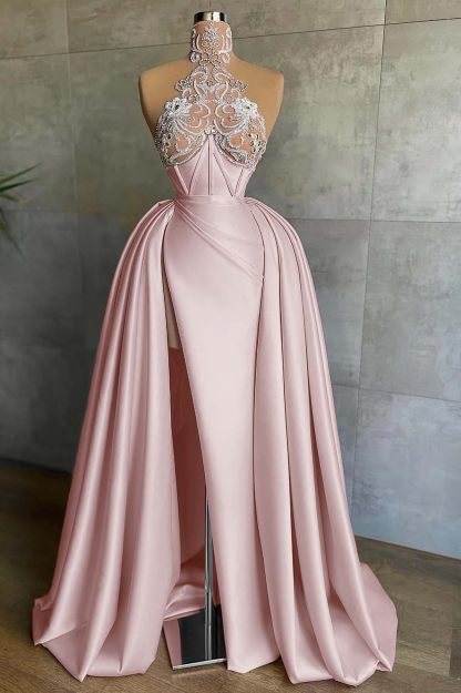 Halter Sleeveless Mermaid Split Long Prom Dress With Appliques