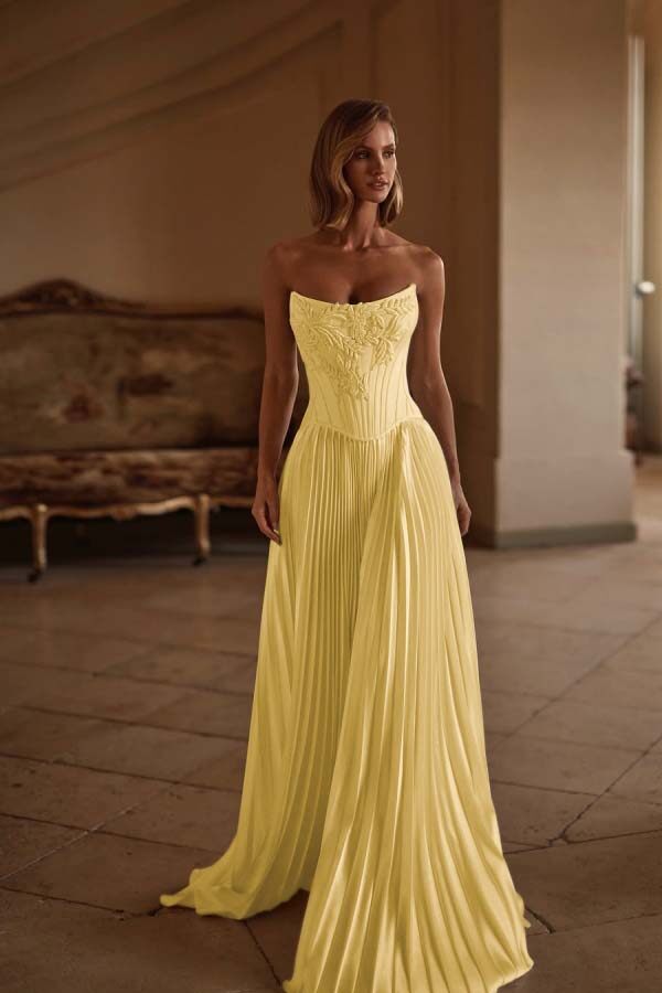 Strapless Sleeveless Long Prom Dress With Appliques Pleated