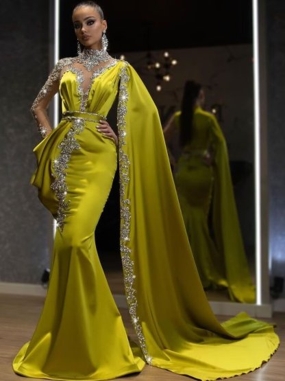 Shinning Yellow Bead Embroidery Mermaid Floor Length Prom Dress With Shawl