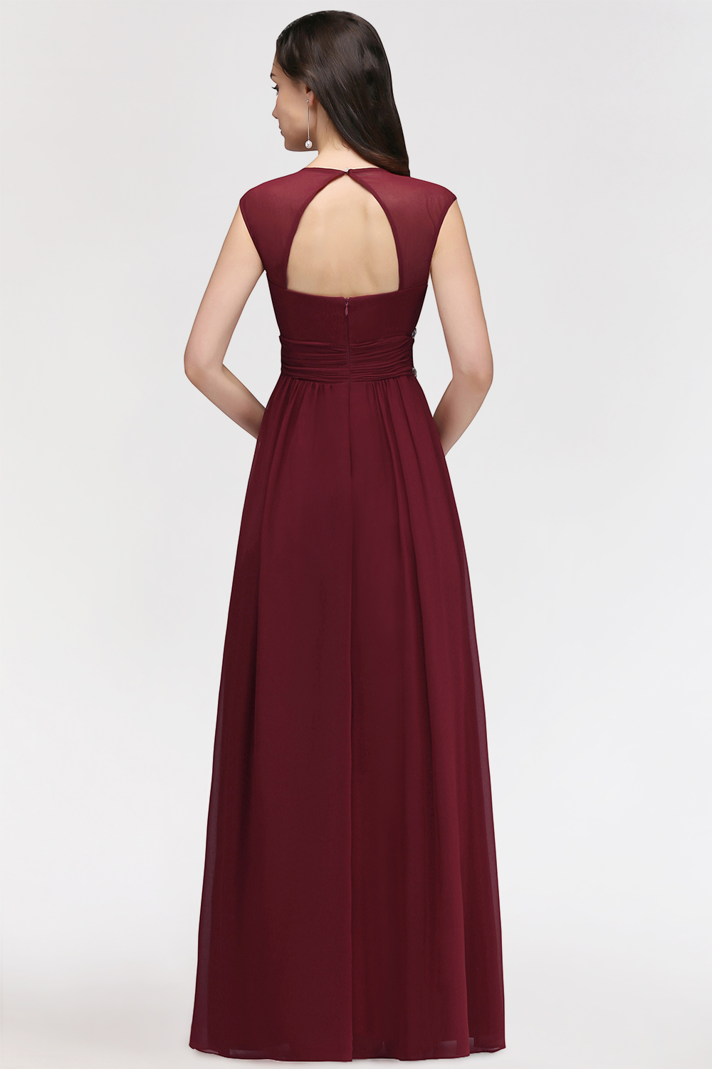 BMbridal Chiffon Burgundy V-Neck Cap Sleeve Bridesmaid Dress with Beadings-BMbridal