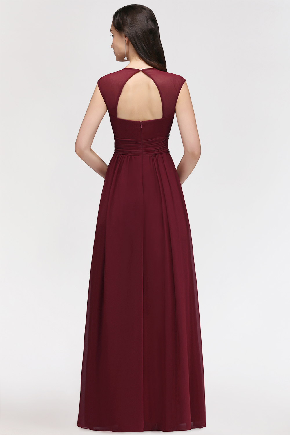 BMbridal Chiffon Burgundy V-Neck Cap Sleeve Bridesmaid Dress with Beadings-BMbridal