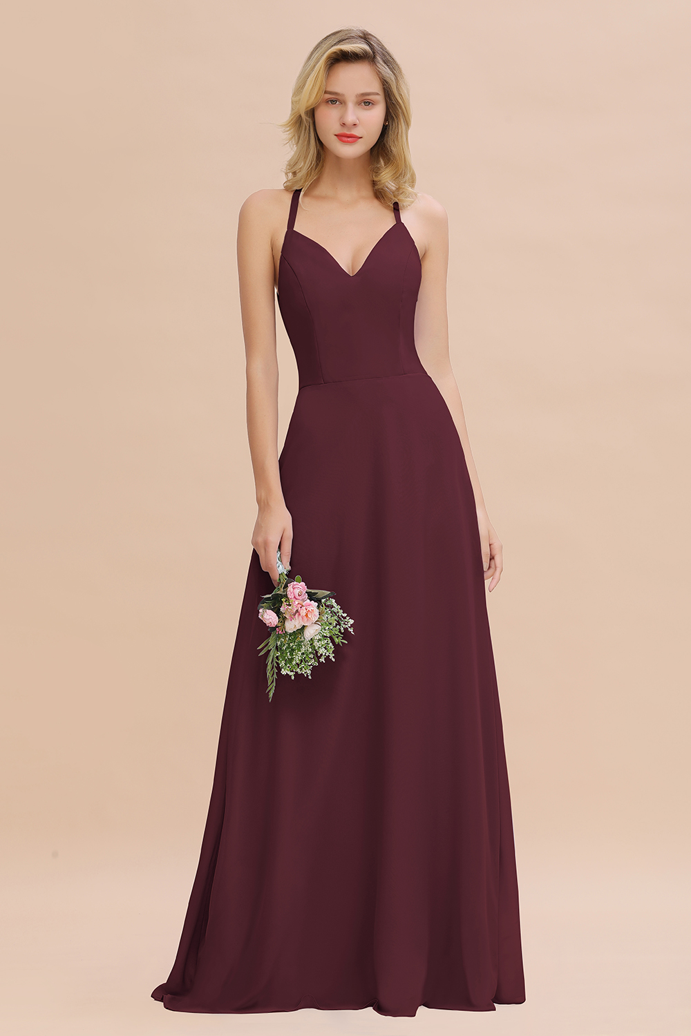 BMbridal Modest Halter V-Neck Sleeveless Long Bridesmaid Dresses Online-BMbridal