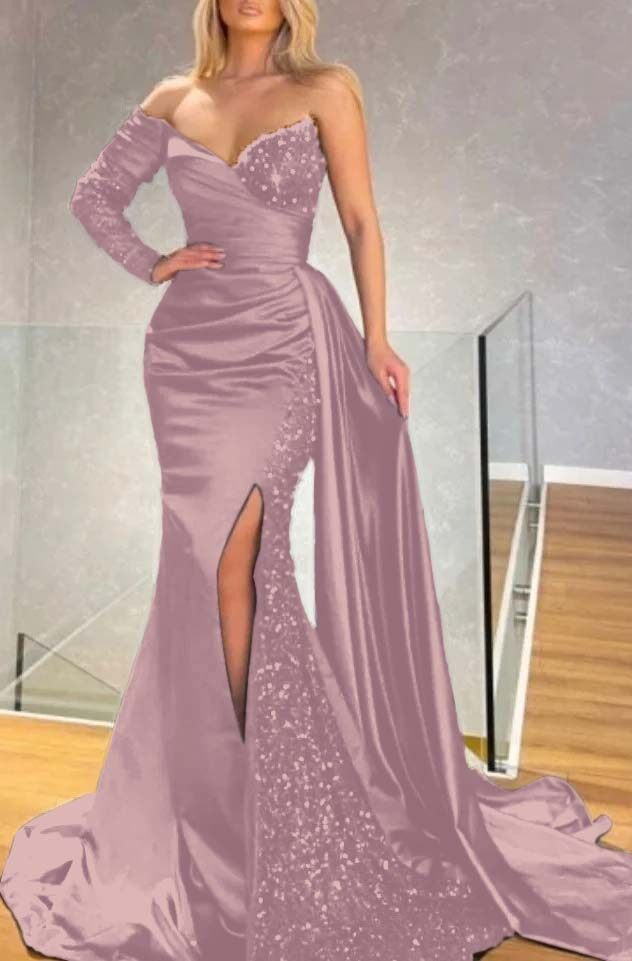 Long Sleeve Strapless Long Split Prom Dress With Pleated Sequins