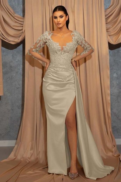 Deep V Neck Beads Long Sleeves Lace Appliques Pleated Prom Dress With Ruffles