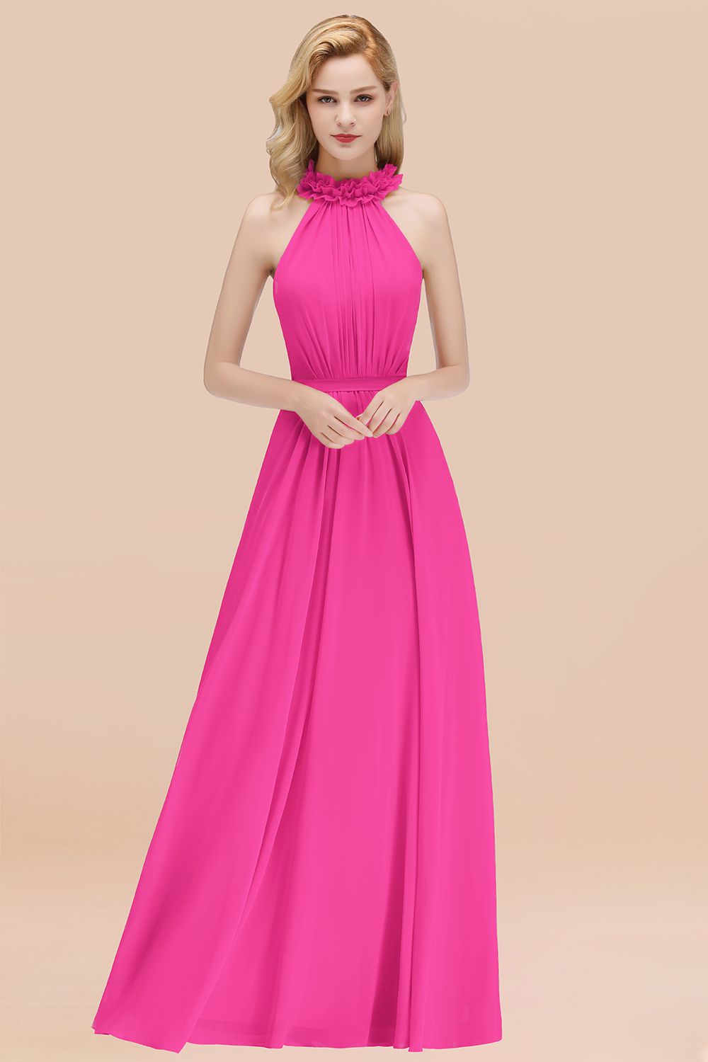 BMbridal Modest High-Neck Halter Ruffle Chiffon Bridesmaid Dresses Affordable-BMbridal