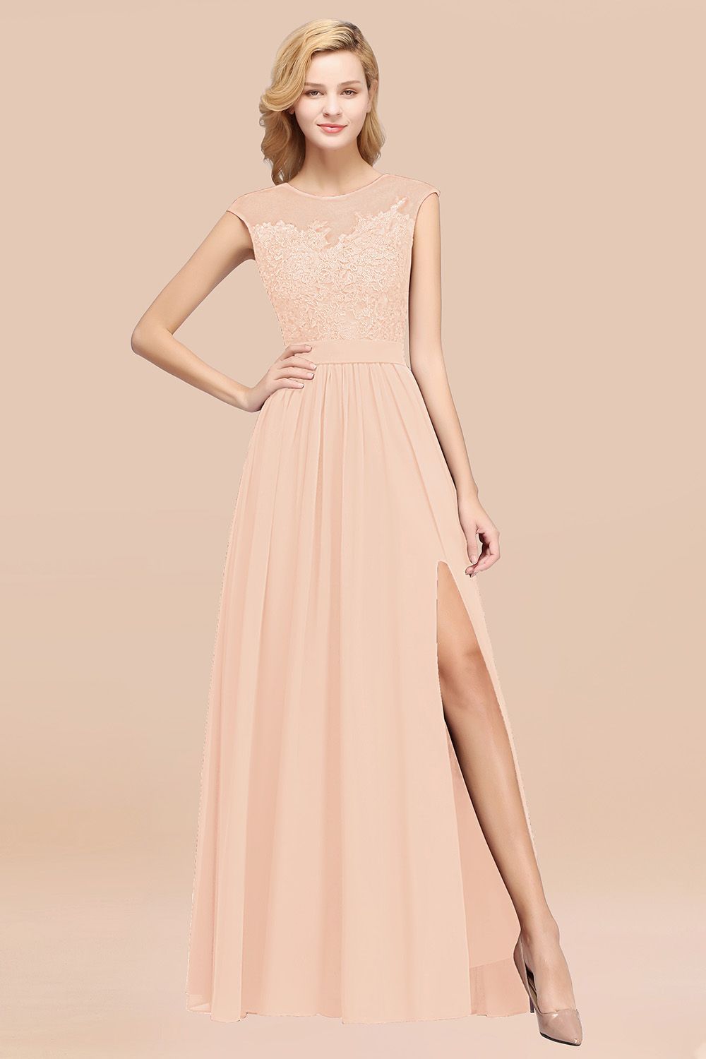 BMbridal Affordable Scoop Lace Appliques Yellow Bridesmaid Dresses with Slit-BMbridal