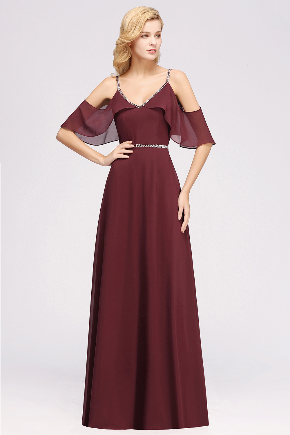 BMbridal Burgundy Cold-shoulder Long Bridesmaid Dress With Half Sleeve-BMbridal