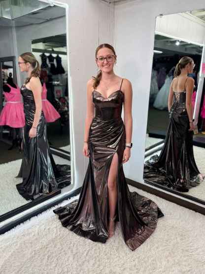 Sleek Liquid Metallic Corset Prom Dress with High Slit