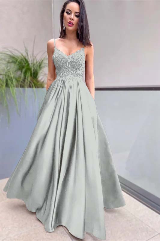 Royal Blue Sleeveless Lace A Line Long Prom Dress Appliques With Pockets