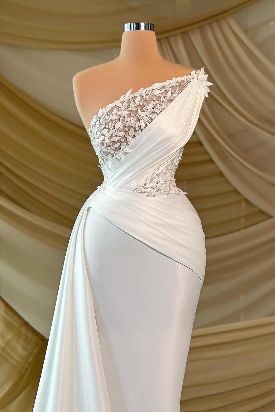 One Shoulder Sleeveless Long Prom Dress With Appliques Ruffles