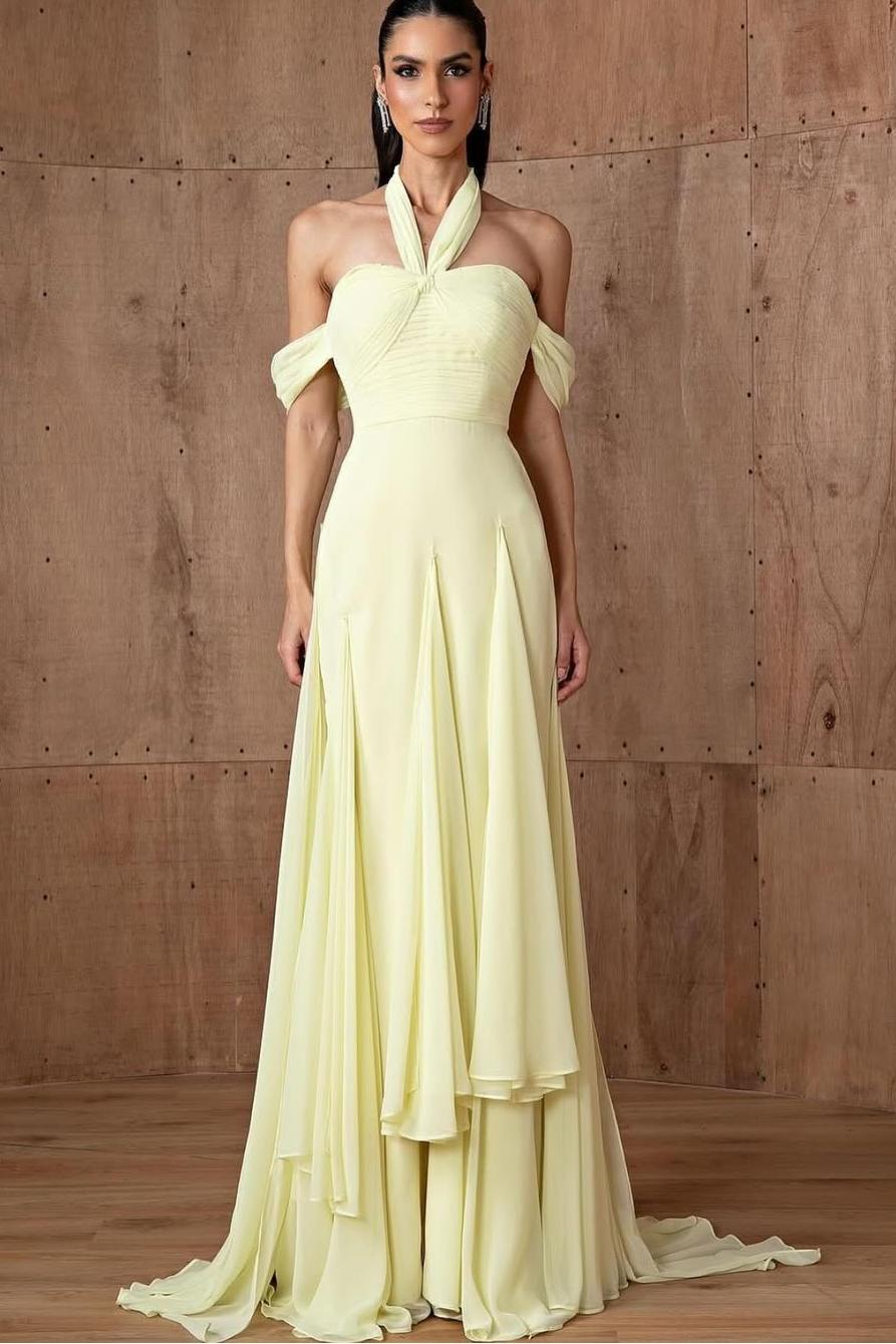 Halter Off the Shoulder Sleeveless Long Prom Dress With Ruffles
