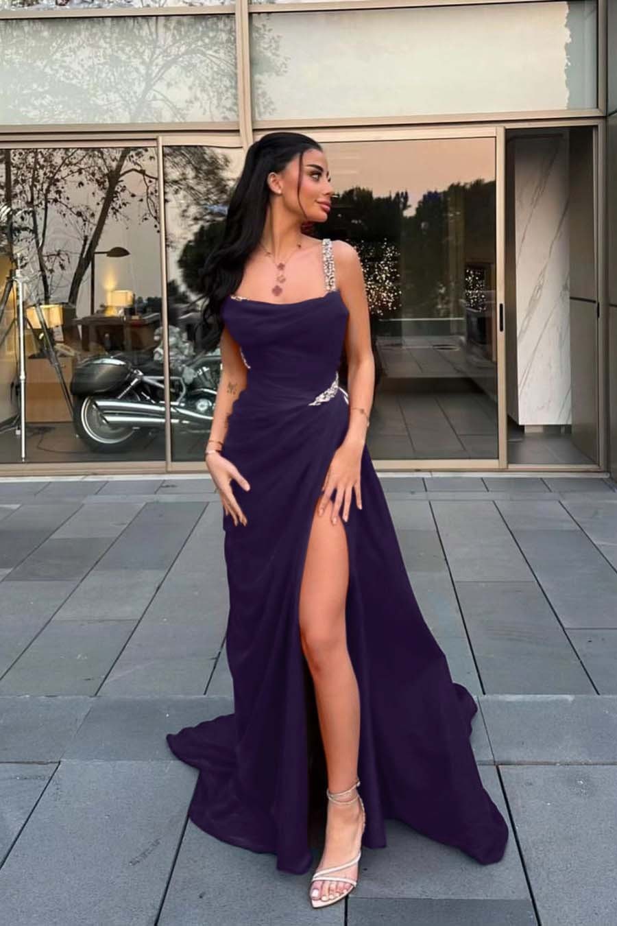Spaghetti Strap Sleeveless Long Prom Dress With Split Beading