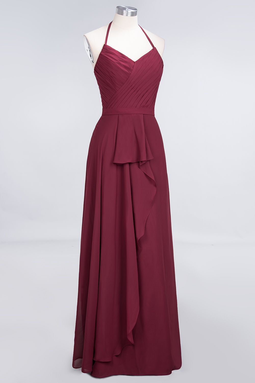BMbridal Affordable Chiffon Halter V-Neck Ruffle Burgundy Bridesmaid Dresses-BMbridal