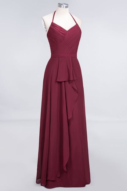 BMbridal Affordable Chiffon Halter V-Neck Ruffle Burgundy Bridesmaid Dresses-BMbridal