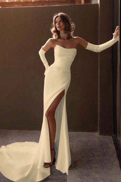 Strapless Detachable Sleeves Mermaid Long Prom Dress With Split