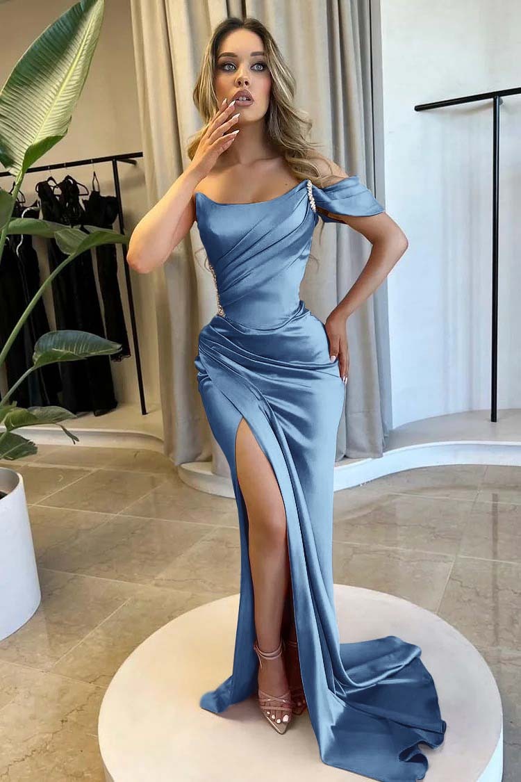 Strapless One Shoulder Long Mermaid Prom Dress With Split Beading