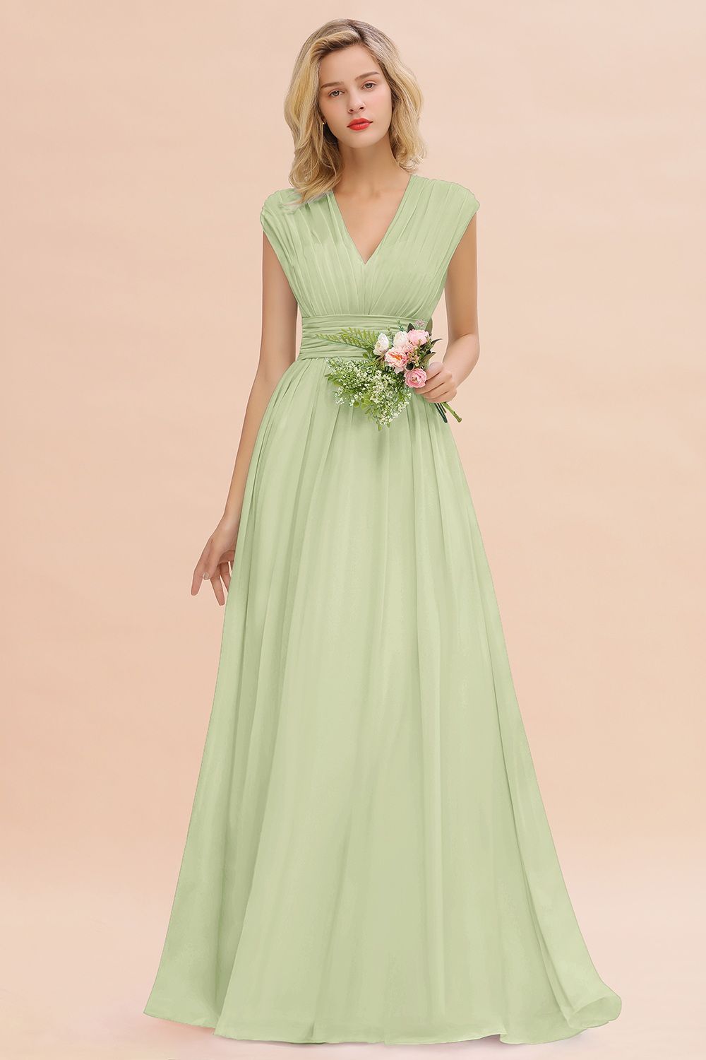 BMbridal Elegant Chiffon V-Neck Ruffle Long Bridesmaid Dresses Affordable-BMbridal