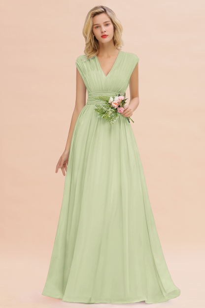 BMbridal Elegant Chiffon V-Neck Ruffle Long Bridesmaid Dresses Affordable-BMbridal
