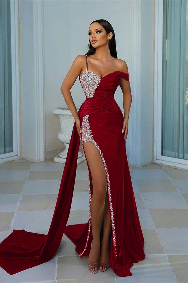 Chic Dark Green One Shoulder Sweetheart Mermaid Prom Dress Satin Split With Beads Ruffles