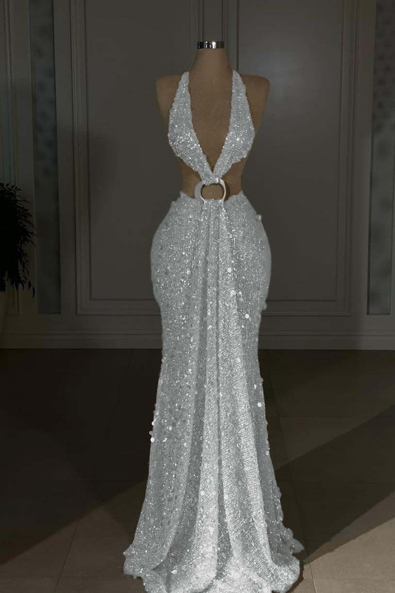 Halter Sleeveless Backless Long Mermaid Prom Dress With Sequins