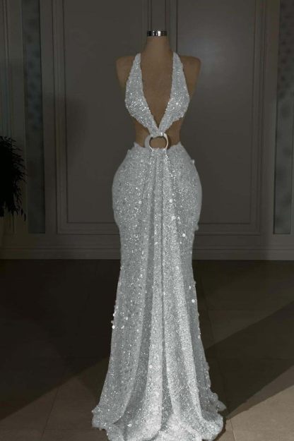 Halter Sleeveless Backless Long Mermaid Prom Dress With Sequins