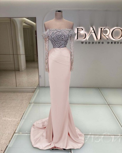 Off the Shoulder Long Sleeves  Long Mermaid Prom Dress With Beading