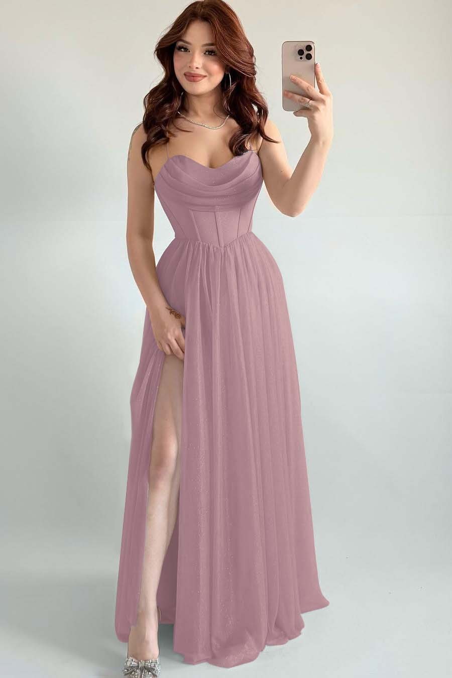 Spaghetti Strap Sleeveless Long High Split Prom Dress With Pleated