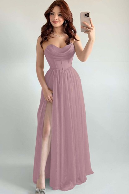 Spaghetti Strap Sleeveless Long High Split Prom Dress With Pleated