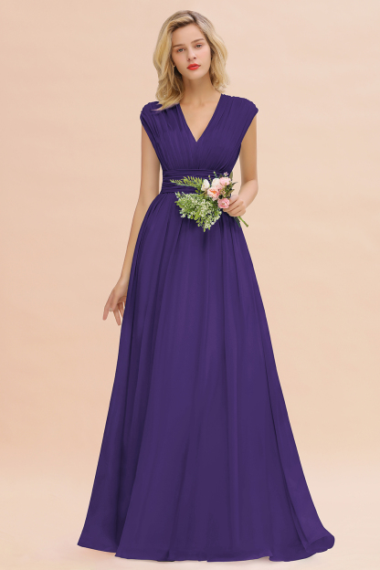 BMbridal Elegant Chiffon V-Neck Ruffle Long Bridesmaid Dresses Affordable-BMbridal