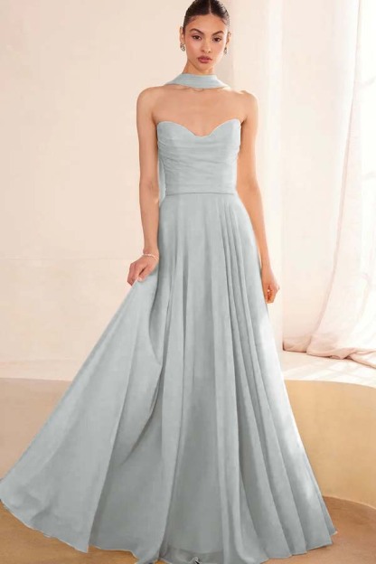 Chiffon Strapless Sleeveless Long A Line Prom Dress With Pleated