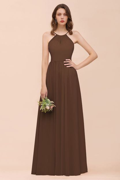 BMbridal Gorgeous Chiffon Halter Ruffle Affordable Long Bridesmaid Dress-BMbridal