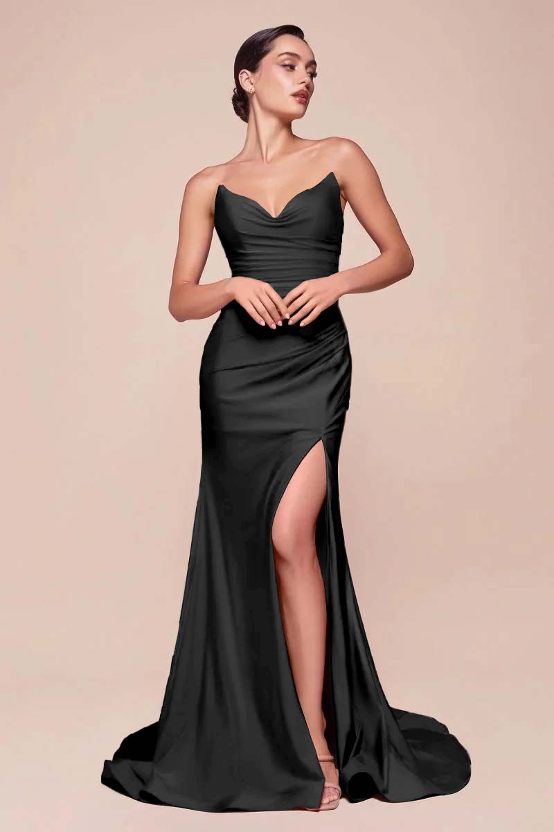 Strapless Sleeveless Long High Split Prom Dress With Pleated