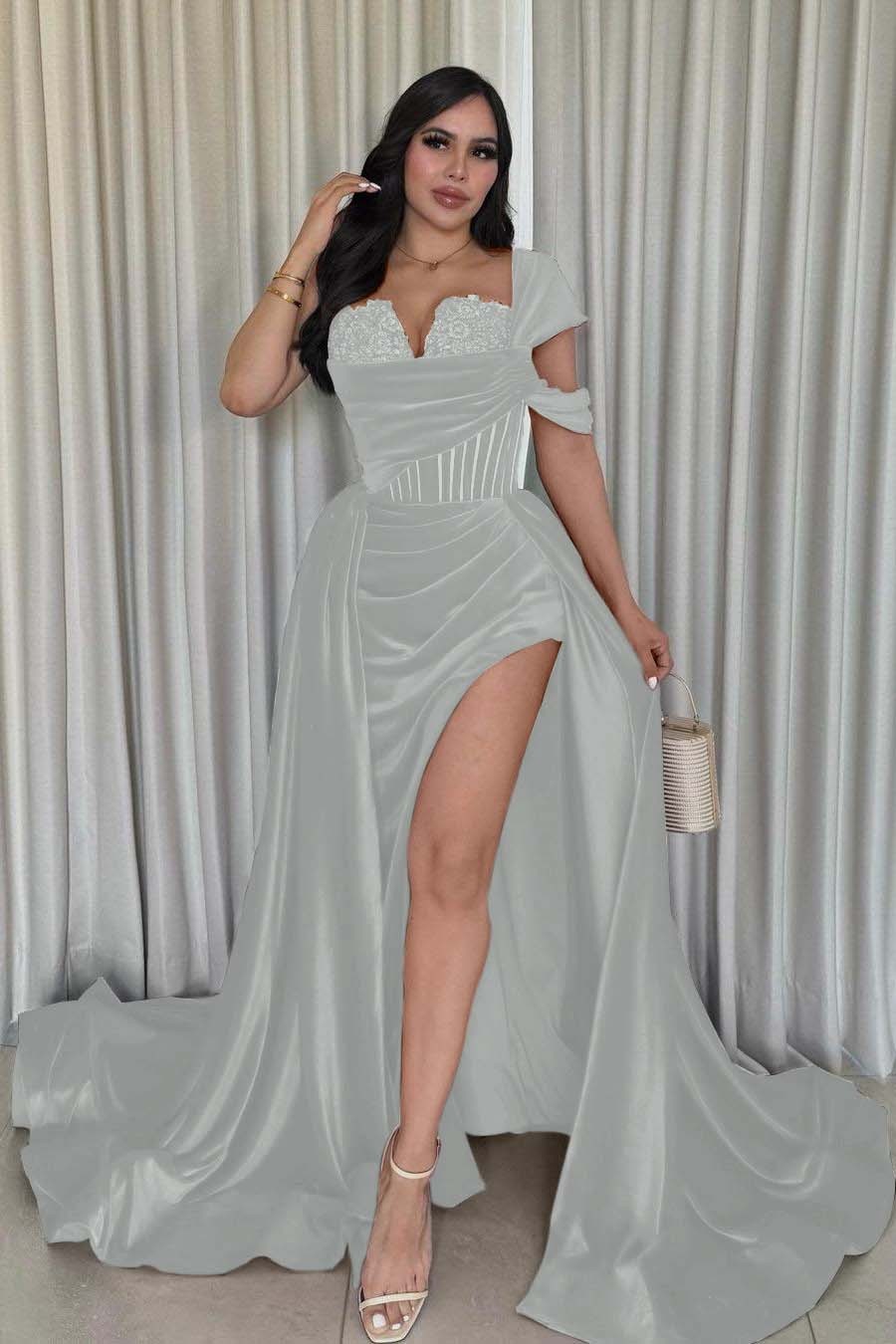 One Shoulder Sleeveless Long Mermaid Prom Dress With Split Pleated