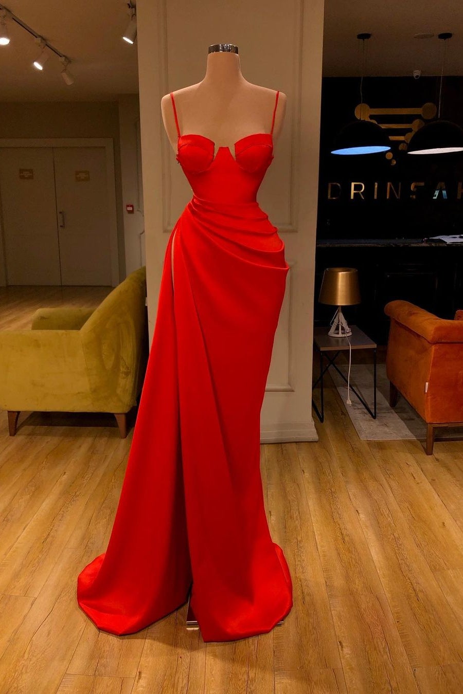 Mermaid Red Spaghetti Strap Sleeveless Pleated Prom Dress With High Split