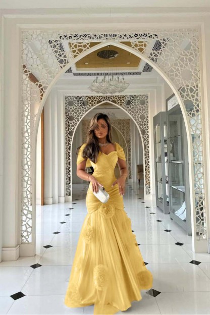 Sweetheart Short Sleeves Long Mermaid Prom Dress With Pleated