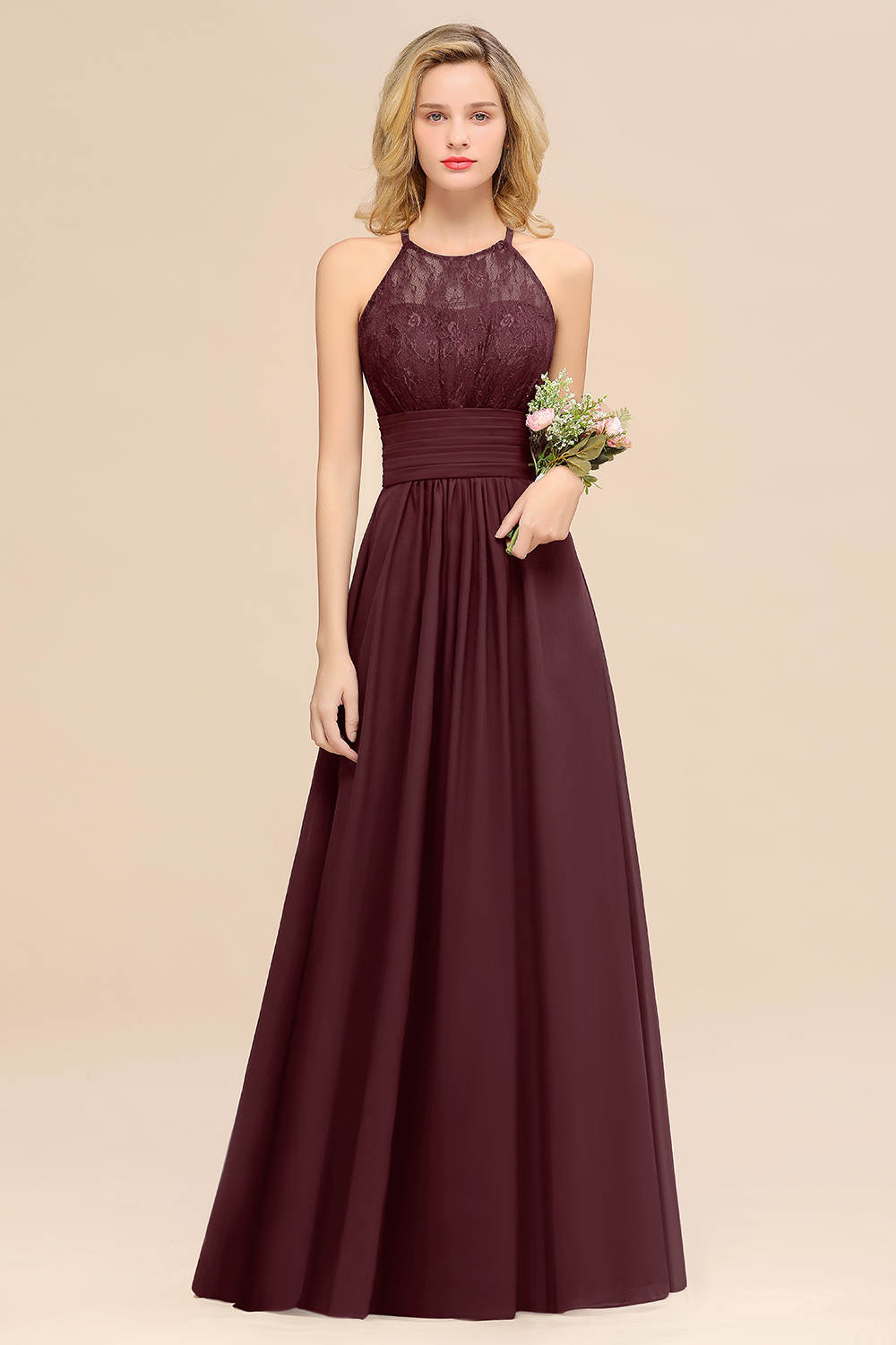 BMbridal Elegant Halter Ruffles Sleeveless Grape Lace Bridesmaid Dresses Affordable-BMbridal