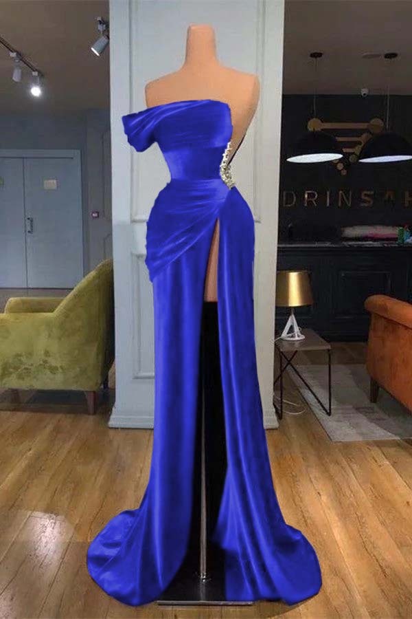 Royal Blue Velvet Sleeveless Strapless Long Split Mermaid Prom Dress With Beading