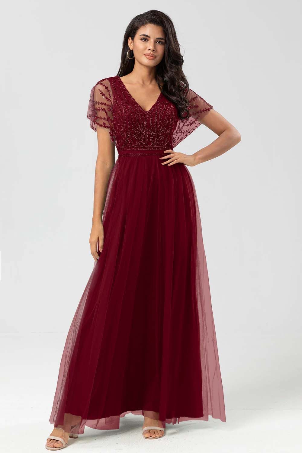 Tulle Short Sleeves V Neck A Line Long Prom Dress With Appliques