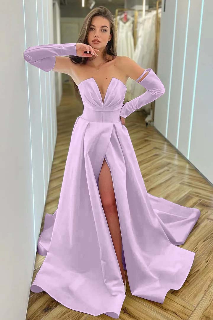 Chic White A Line V Neck Long Sleeves High Waist Long Prom Dress With Split