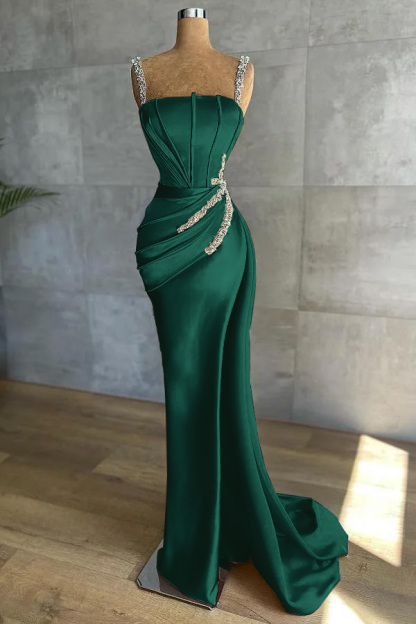 Chic Mermaid Straps Sleeveless Appliques Beadings Prom Dress With Pleated