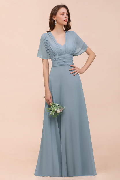 BMbridal New Arrival Dusty Blue Ruched Long Convertible Bridesmaid Dresses-BMbridal