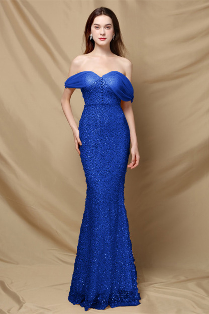 Elegant Off the Shoulder Mermaid Sequins Prom Dress With Sweetheart Buttons