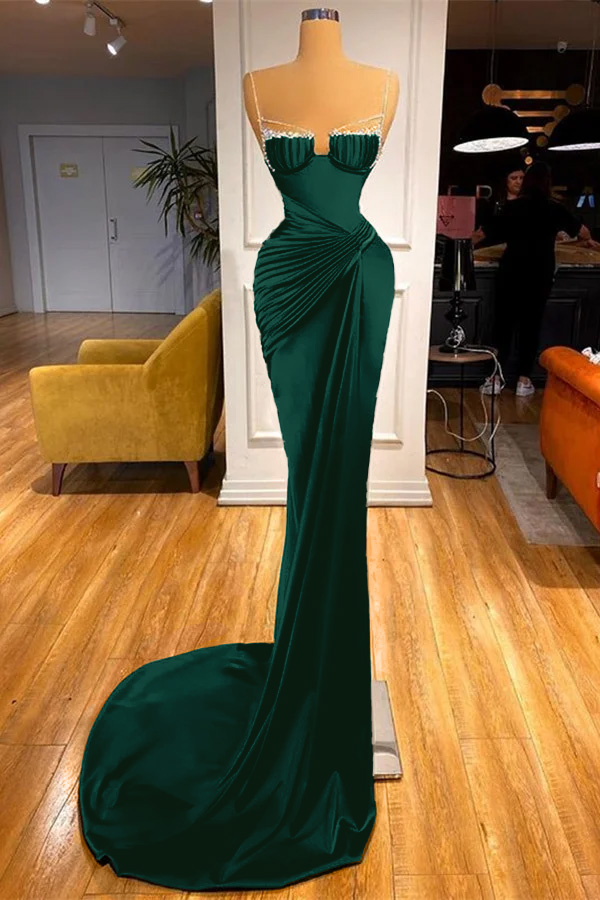 Mermaid Dark Green Spaghetti Strap Sleeveless Long Prom Dress With Beadings