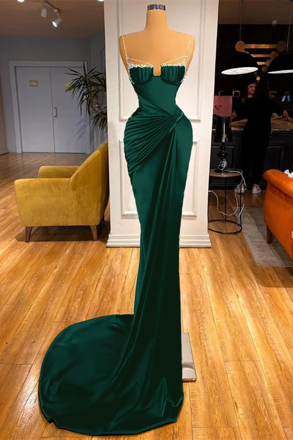 Mermaid Dark Green Spaghetti Strap Sleeveless Long Prom Dress With Beadings