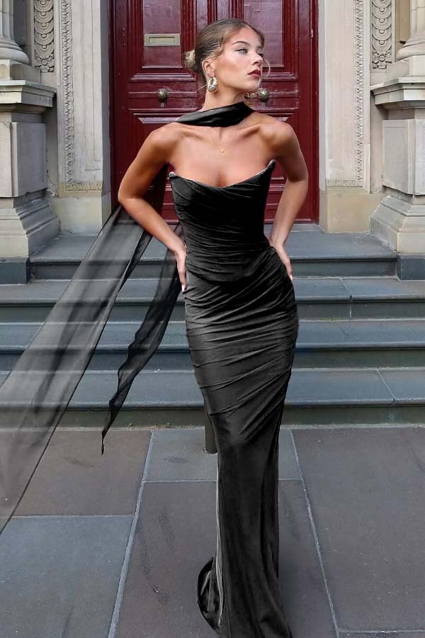 Chiffon Strapless Sleeveless Long Mermaid Prom Dress With Pleated