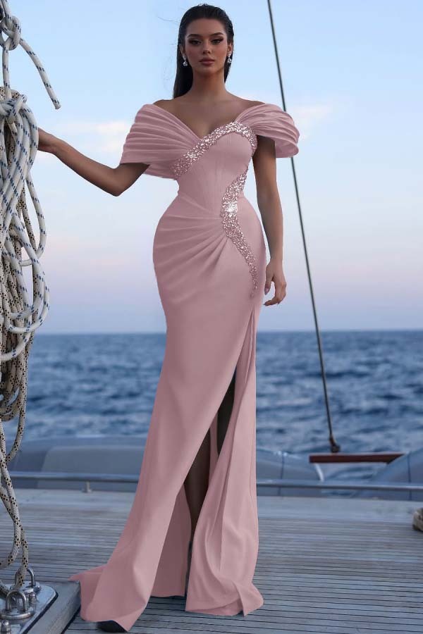 Off the Shoulder Sleeveless Long Mermaid Prom Dress With Sequins