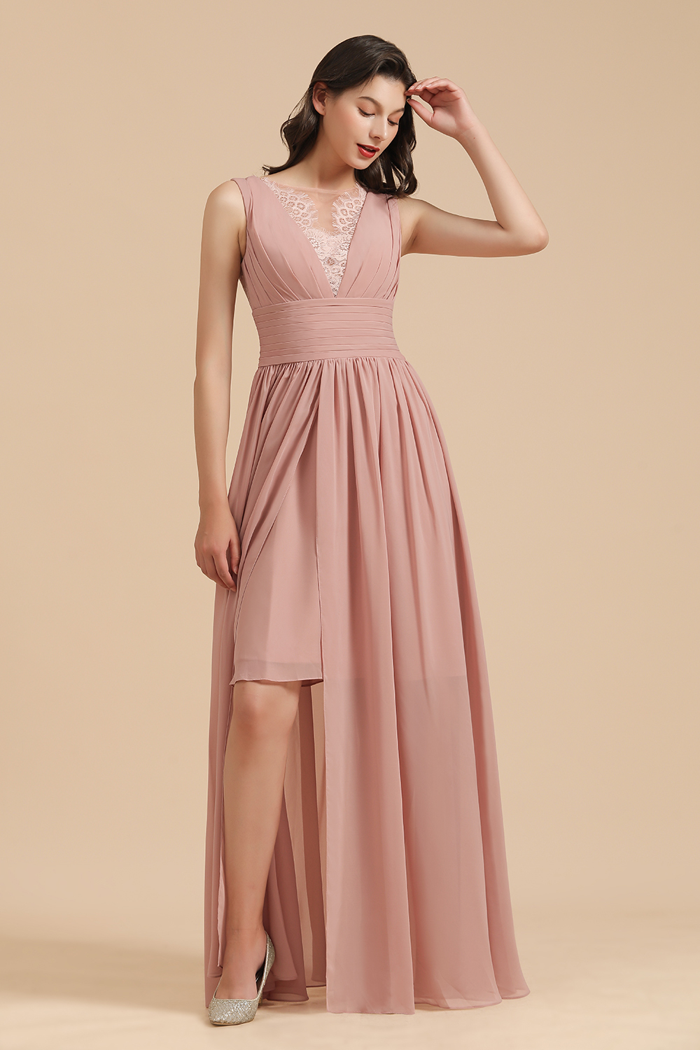 BMbridal Dusty Rose Chiffon V-Neck Bridesmaid Dress Long-BMbridal