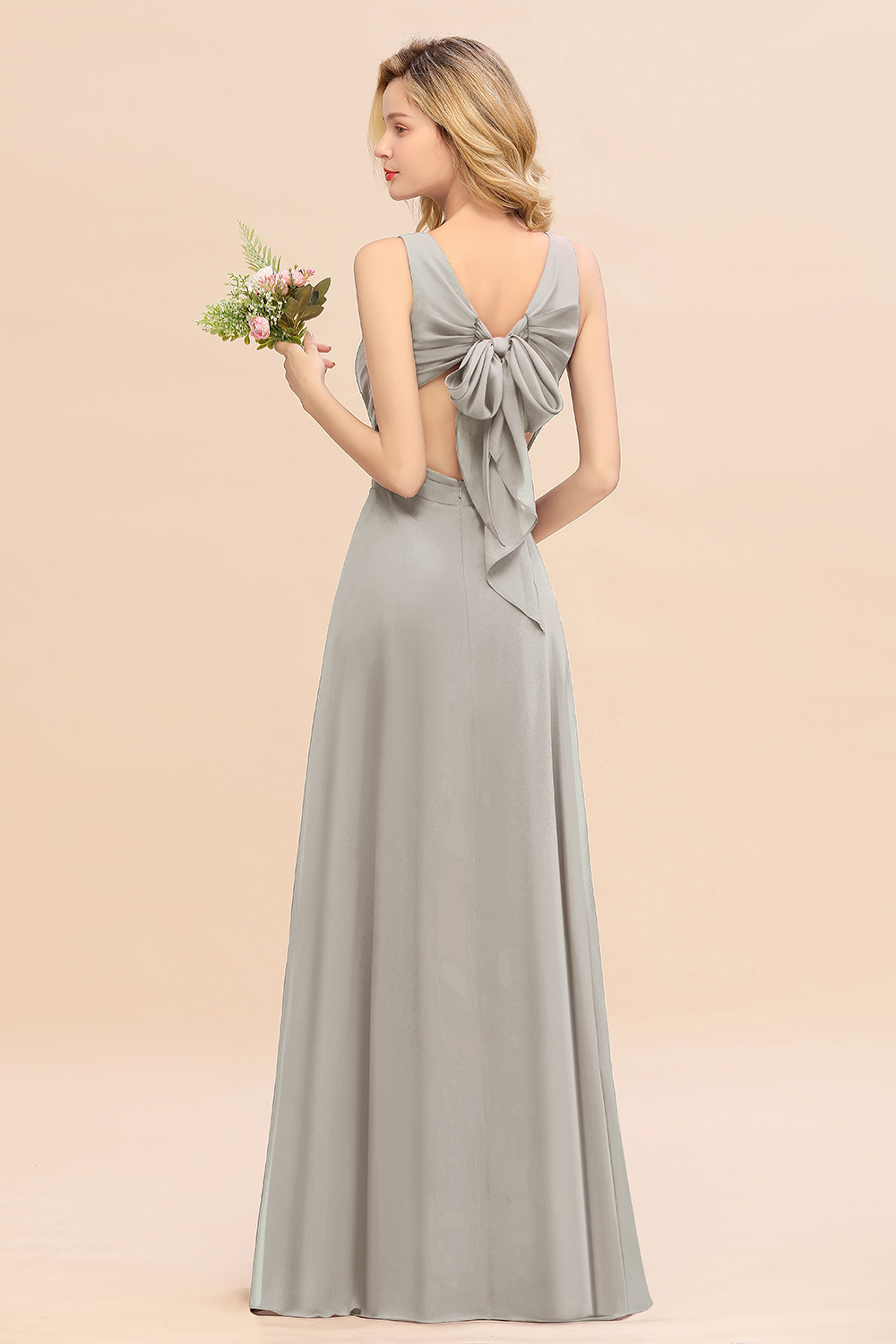 BMbridal Affordable V-Neck Ruffle Long Grape Chiffon Bridesmaid Dress with Bow-BMbridal