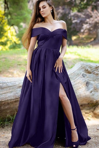 Stunning Royal Blue Off the Shoulder Split Long Elegant Prom Dress